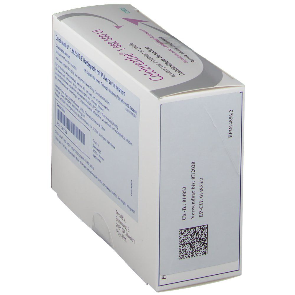 Schrägansicht der COLOBREATHE-Verpackung. Aufdruck mit Produktnamen, Dosierung und Inhaltsangaben. QR-Code und Verfallsdatum.