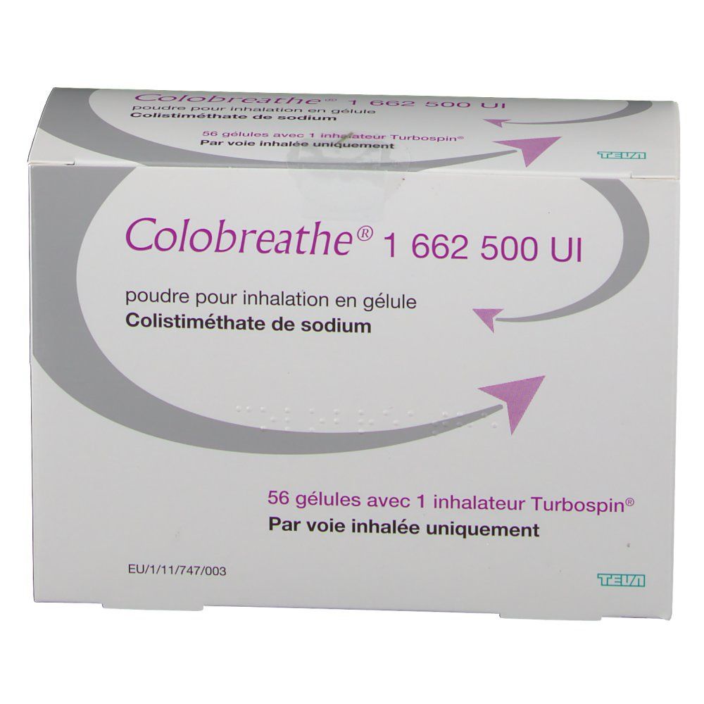 Vorderansicht der COLOBREATHE-Verpackung. Enthält 56 Kapseln und einen Turbospin-Inhalator. Text in Französisch.