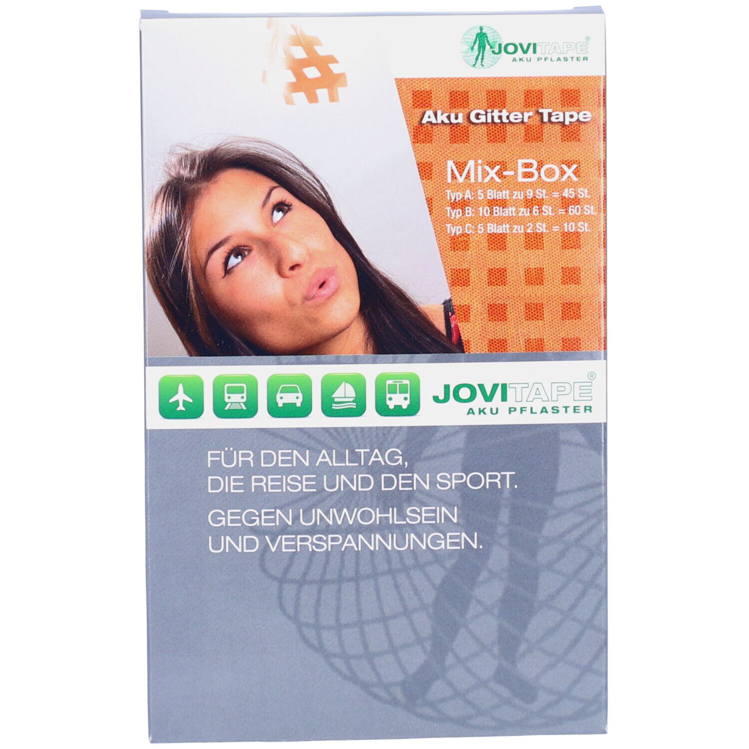 Verpackung von JOVITAPE Gittertape Mix-Box. Oben Frau, darunter Text: Für den Alltag, die Reise und den Sport. Gegen Unwohlsein und Verspannungen.