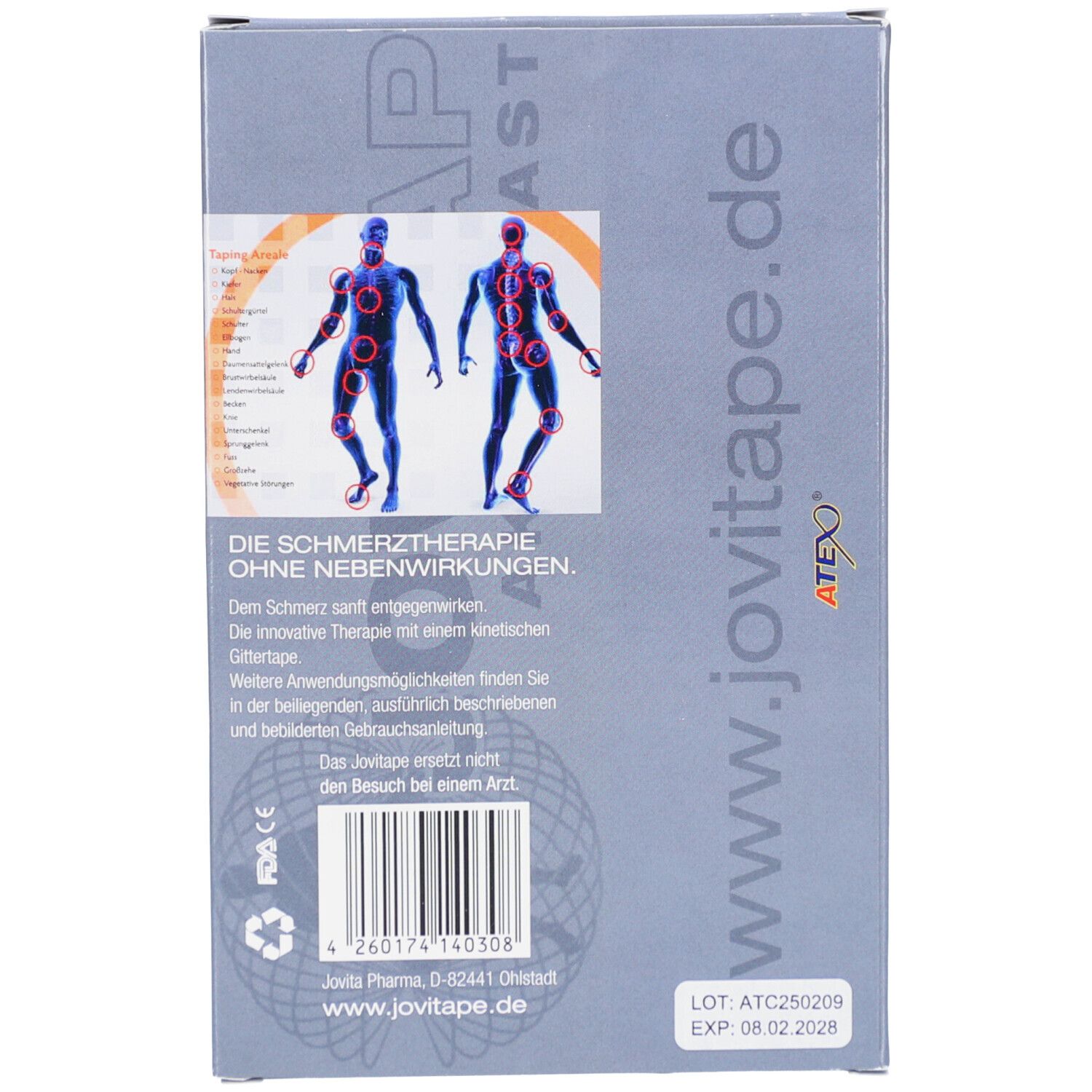 Rückseite der JOVITAPE Gittertape Mix-Box. Text: Die Schmerztherapie ohne Nebenwirkungen. Zwei menschliche Figuren mit roten Kreisen.