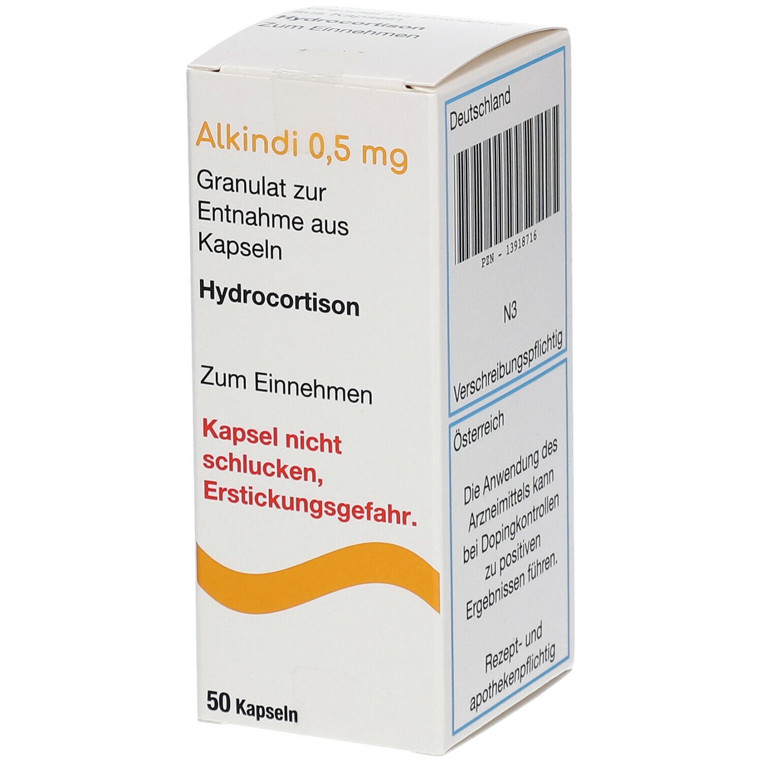 Weiße Medikamentenbox mit Aufschrift Alkindi 0,5 mg, Hydrocortison. Enthält 50 Kapseln. Text in Deutsch.