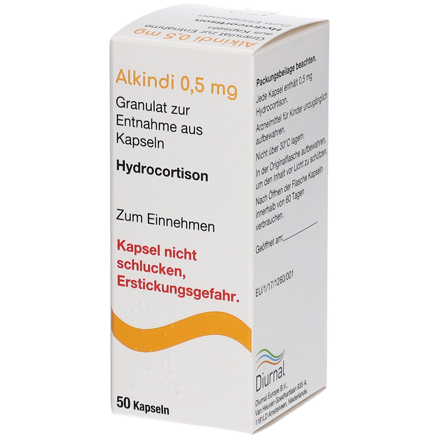 Weiße Arzneimittelverpackung mit Aufschrift Alkindi 0,5 mg, Hydrocortison. Enthält 50 Kapseln. Text in deutscher Sprache.