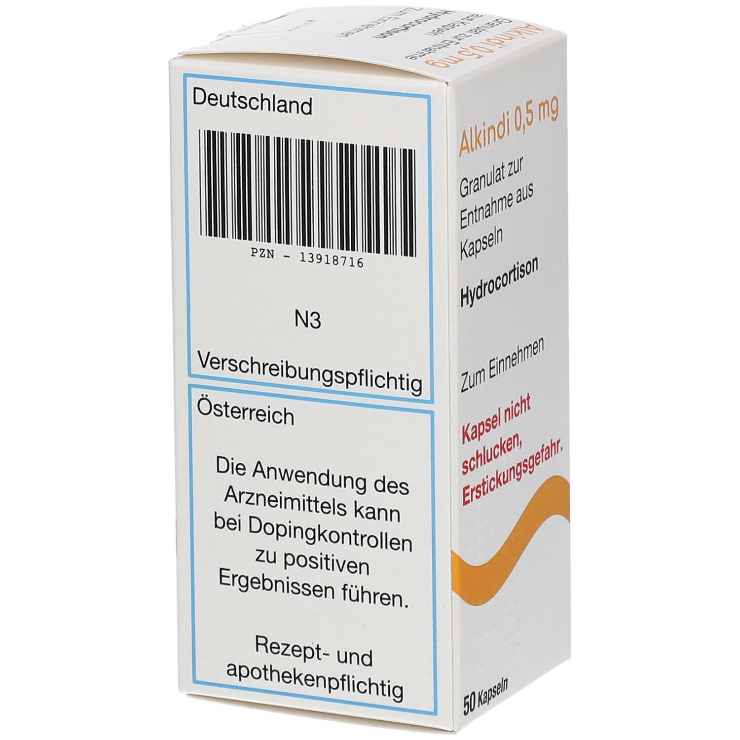 Medikamentenbox mit Alkindi 0,5 mg, Hydrocortison. Enthält 50 Kapseln. Text in Deutsch. Barcode und Text für Deutschland und Österreich.