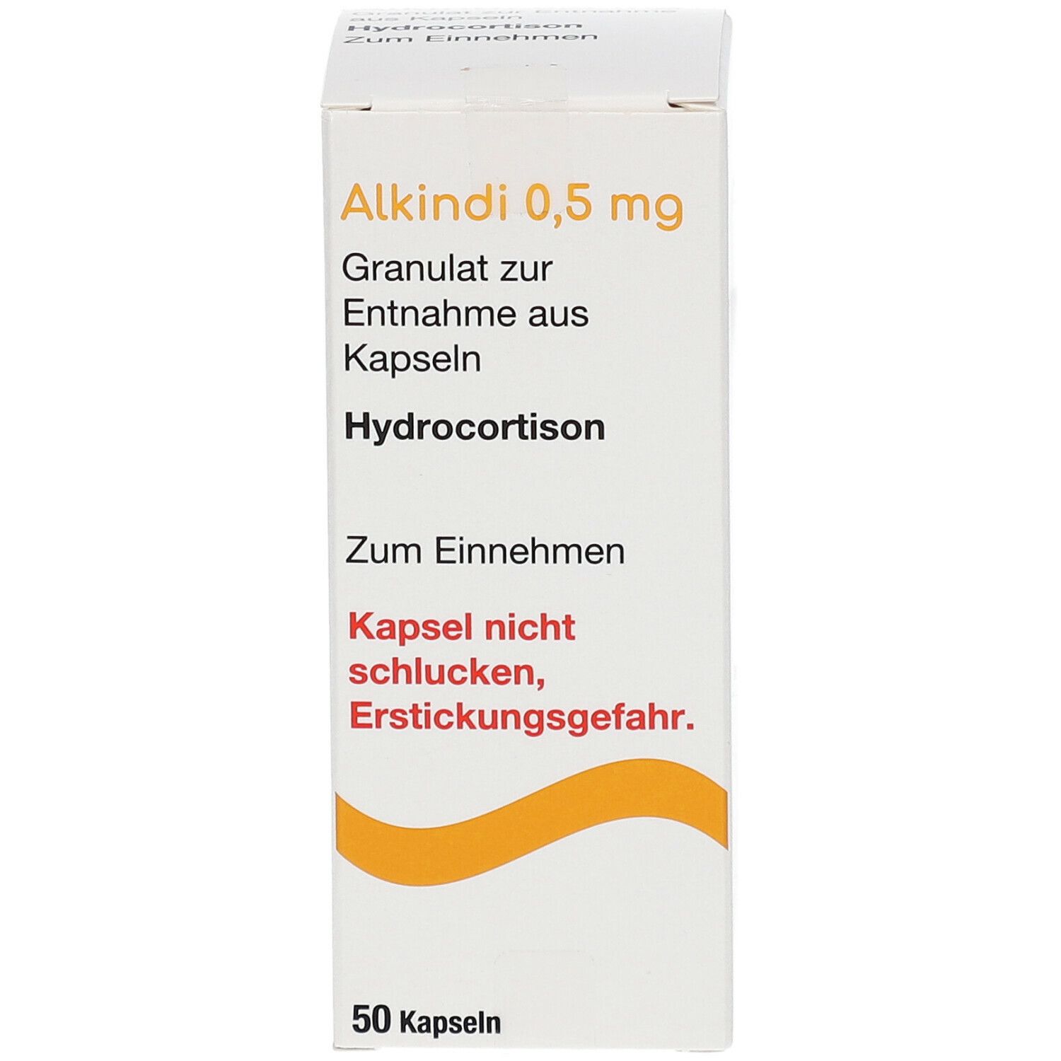 Weiße Medikamentenbox mit Aufschrift Alkindi 0,5 mg, Hydrocortison. Enthält 50 Kapseln. Text in Deutsch.