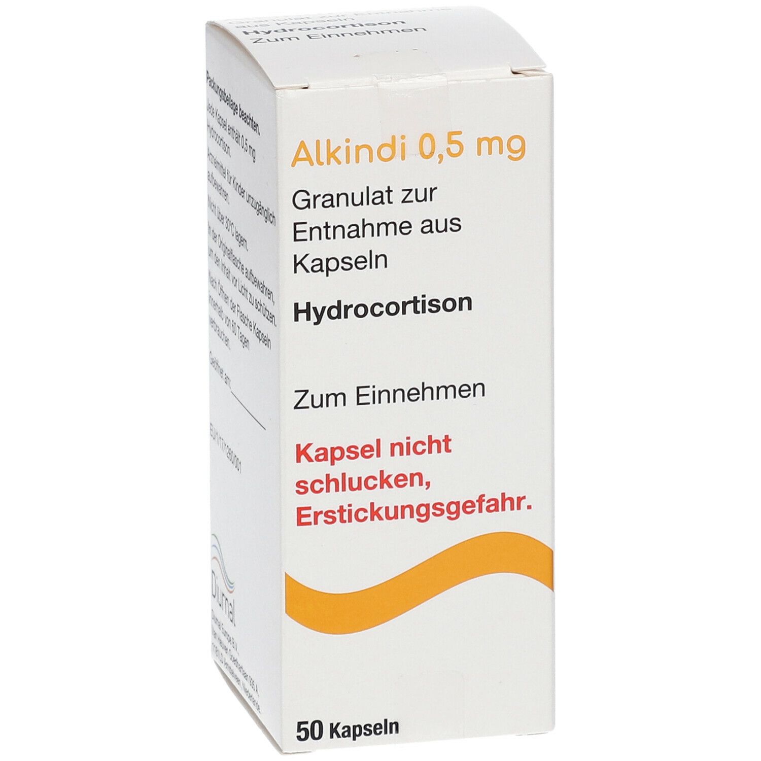 Weiße Medikamentenbox mit Aufschrift Alkindi 0,5 mg, Hydrocortison. Enthält 50 Kapseln. Text in Deutsch.