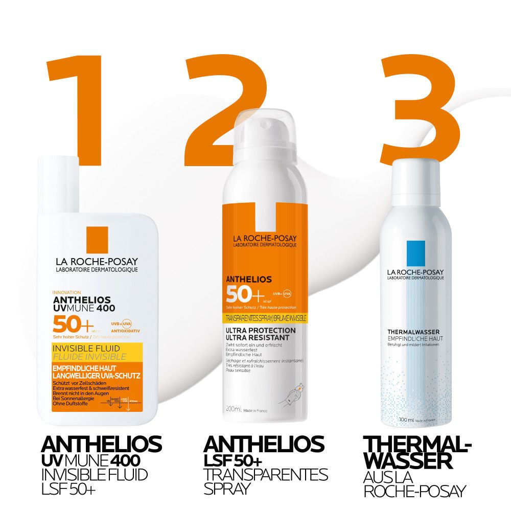 La Roche Posay Sonnenschutz: Anthelios Invisible Fluid LSF 50+, Spray LSF 50+, Thermalwasser.