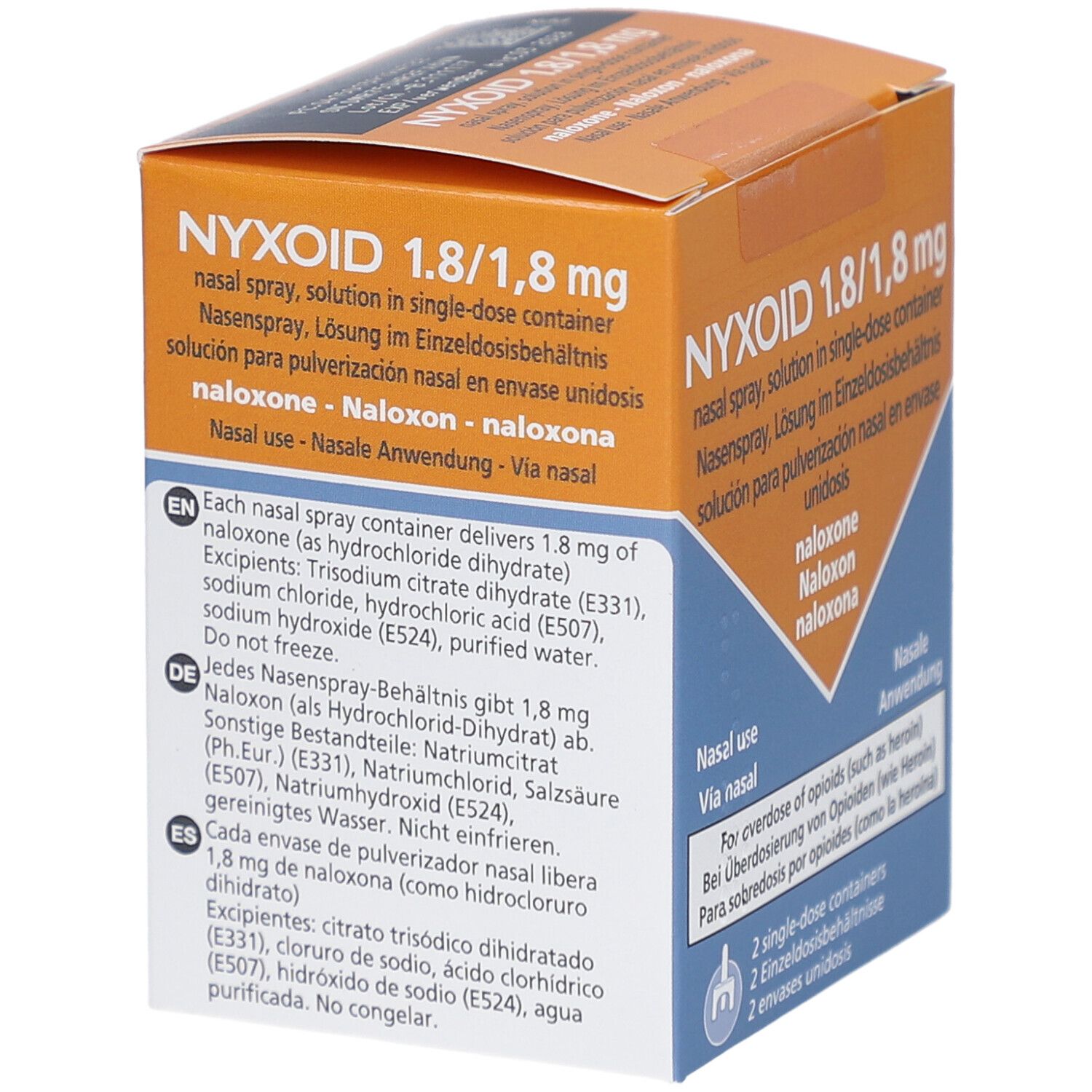 Produktverpackung mit Inhaltsstoffen und Dosierung. Enthält 2 Einzeldosisbehälter. Orange und blaue Farbgebung.