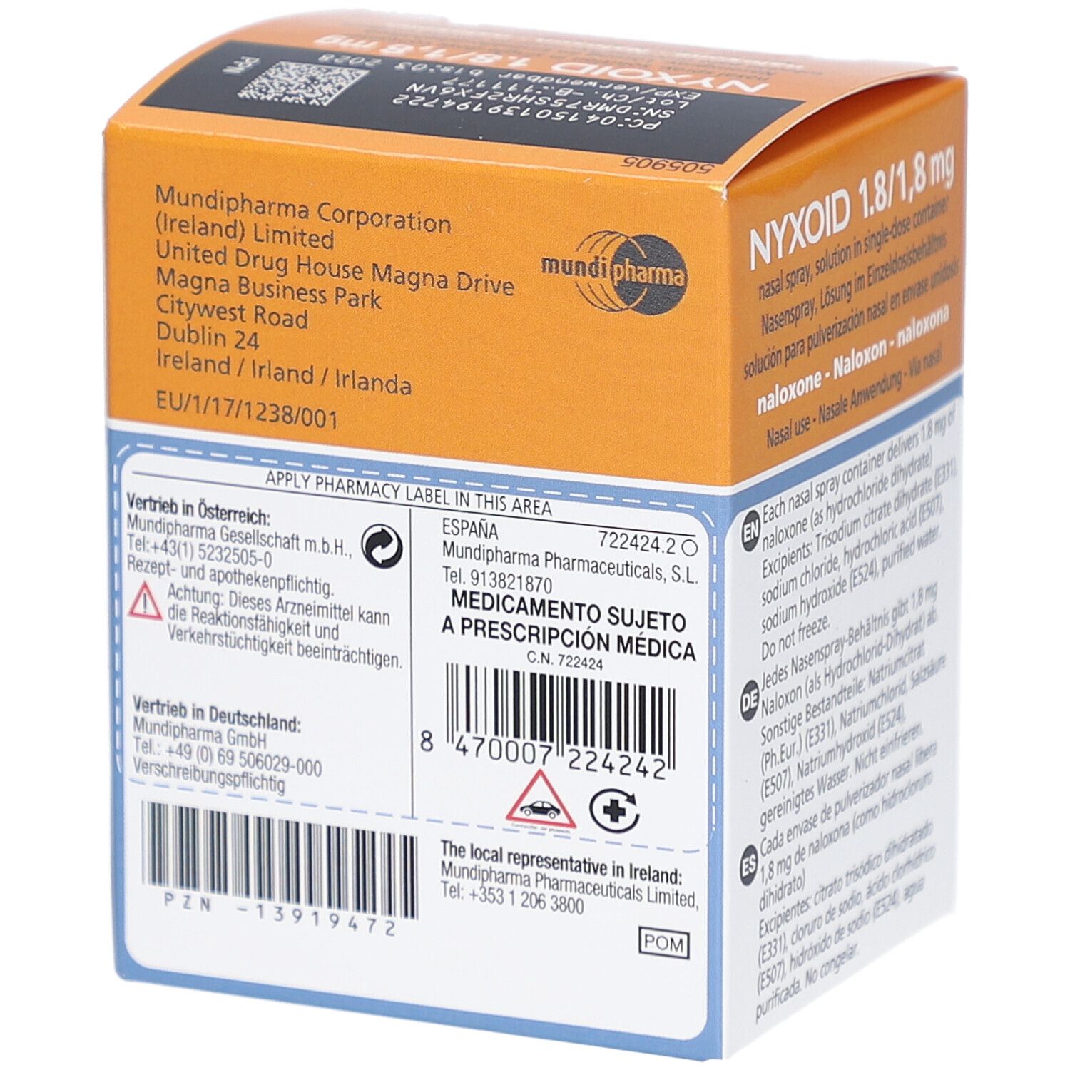 Produktverpackung mit Herstellerinformationen und Barcode. Enthält 2 Einzeldosisbehälter. Orange und blaue Farbgebung.