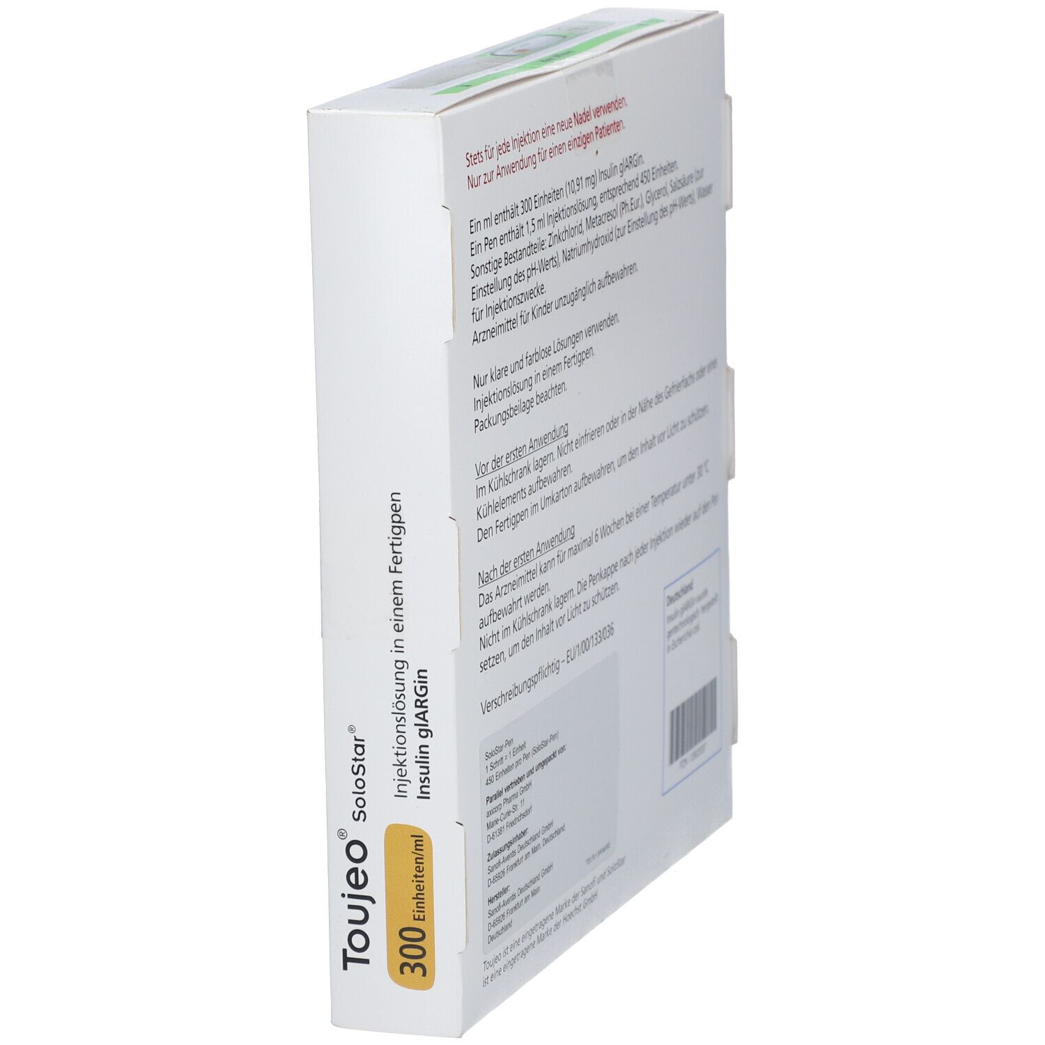 Schrägansicht der Verpackung von Toujeo SoloStar. Text: Anwendungshinweise, Inhaltsstoffe, Lagerung, Herstellerinformationen, PZN-Code.
