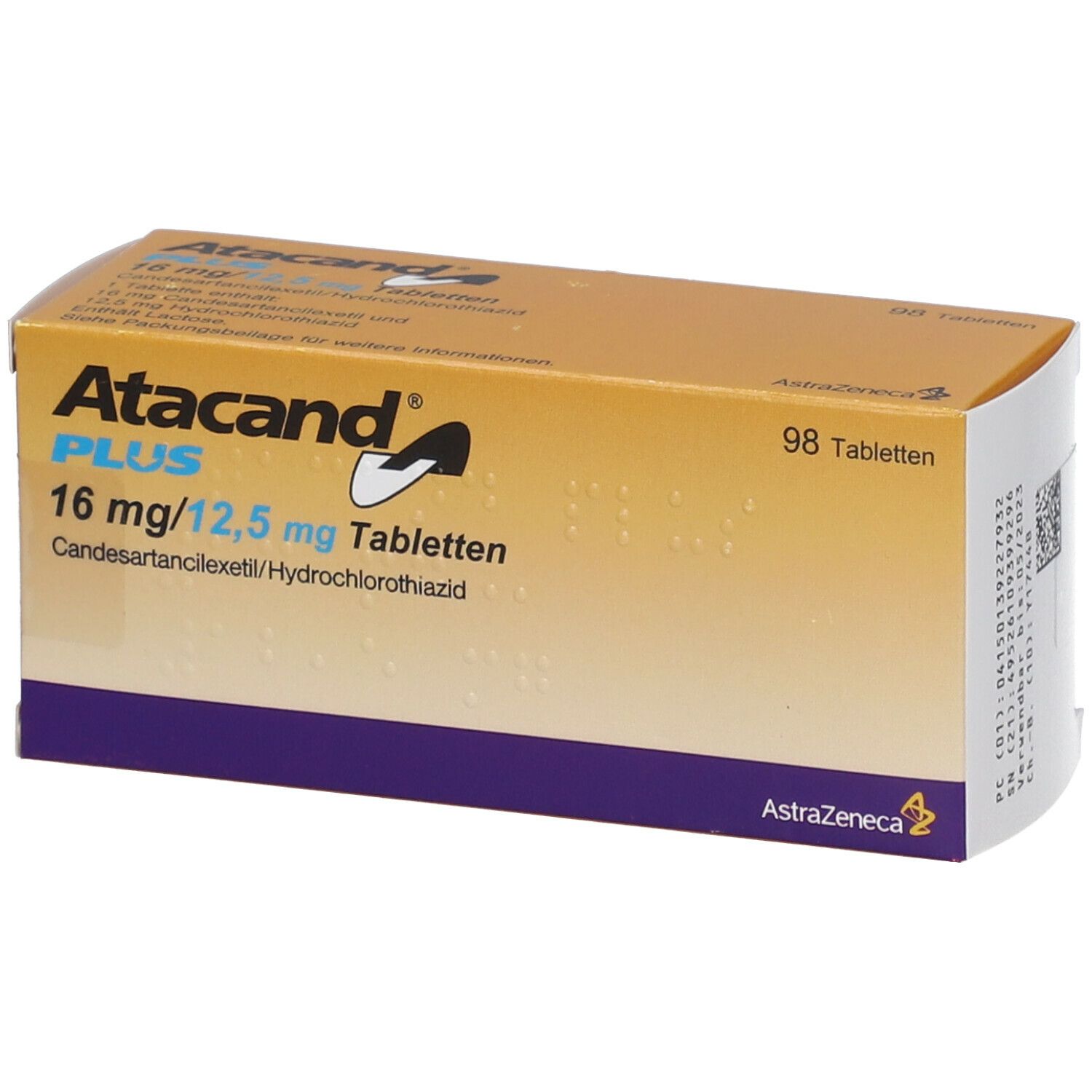 Schachtel mit ATACAND PLUS 16/12,5 mg Tabletten. Enthält 98 Tabletten. Aufschrift: AstraZeneca.