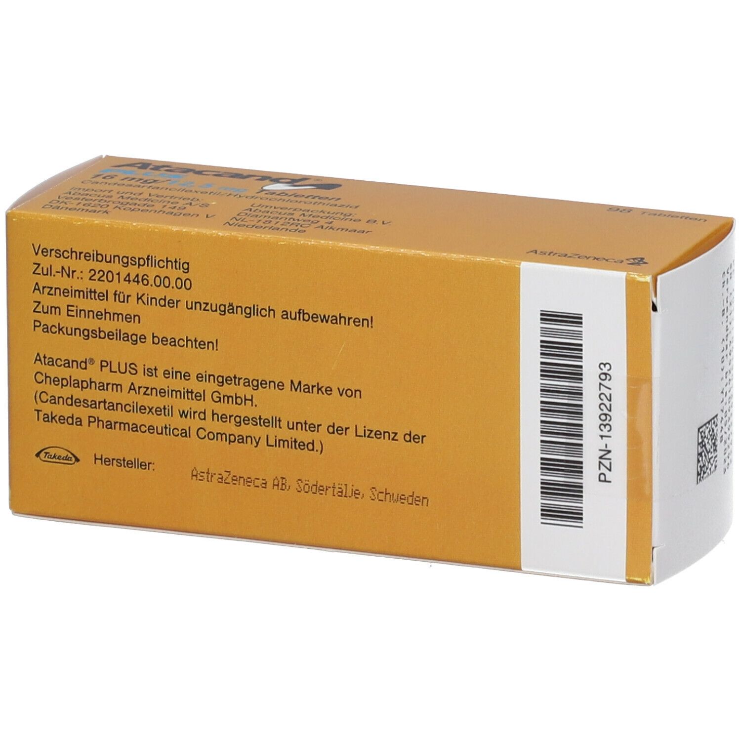 Rückseite der Schachtel mit ATACAND PLUS 16/12,5 mg Tabletten. Enthält Informationen und Barcode.