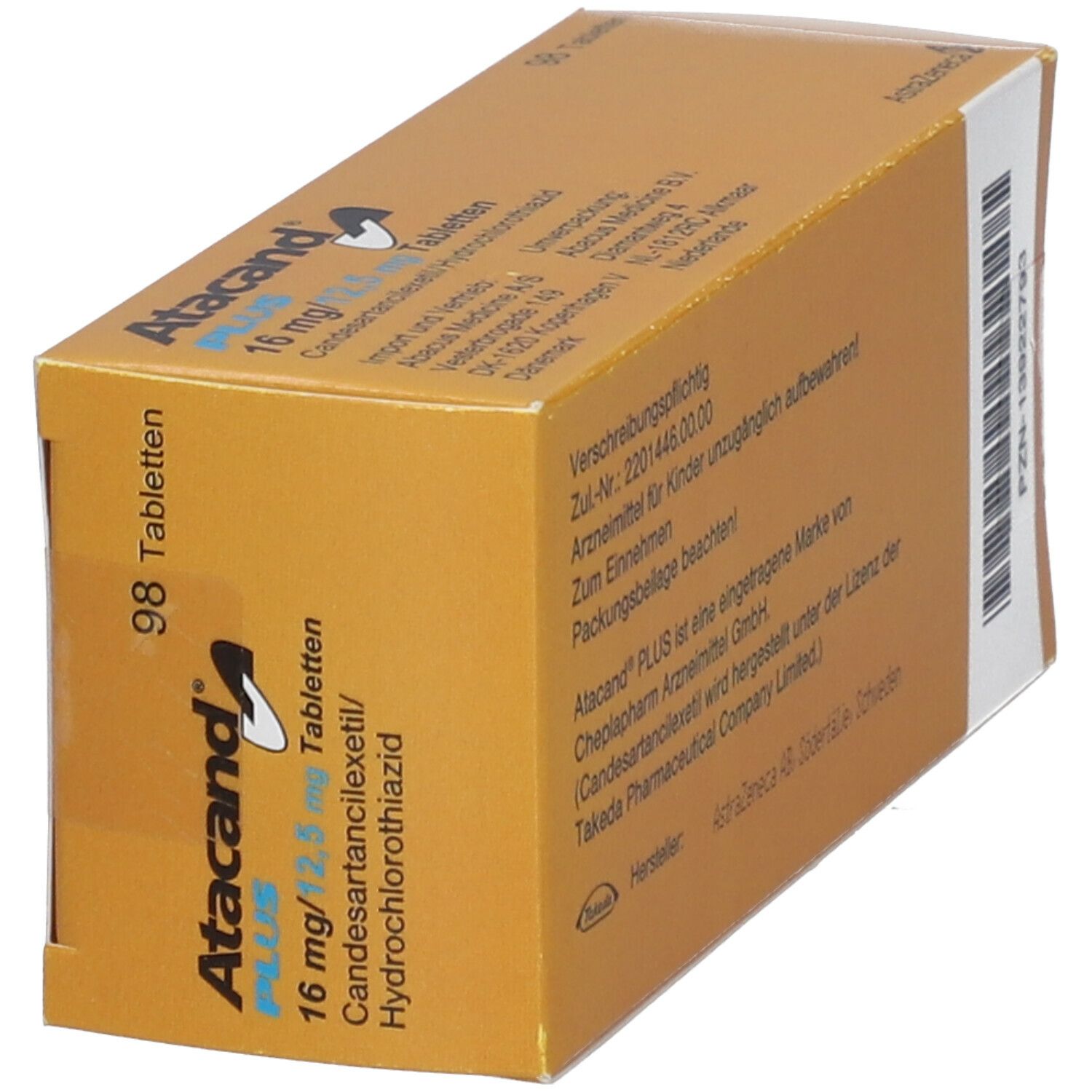 Schachtel mit ATACAND PLUS 16/12,5 mg Tabletten. Enthält 98 Tabletten. Aufschrift: AstraZeneca.