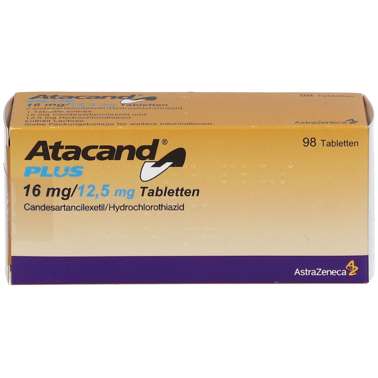 Schachtel mit ATACAND PLUS 16/12,5 mg Tabletten. Enthält 98 Tabletten. Aufschrift: AstraZeneca.