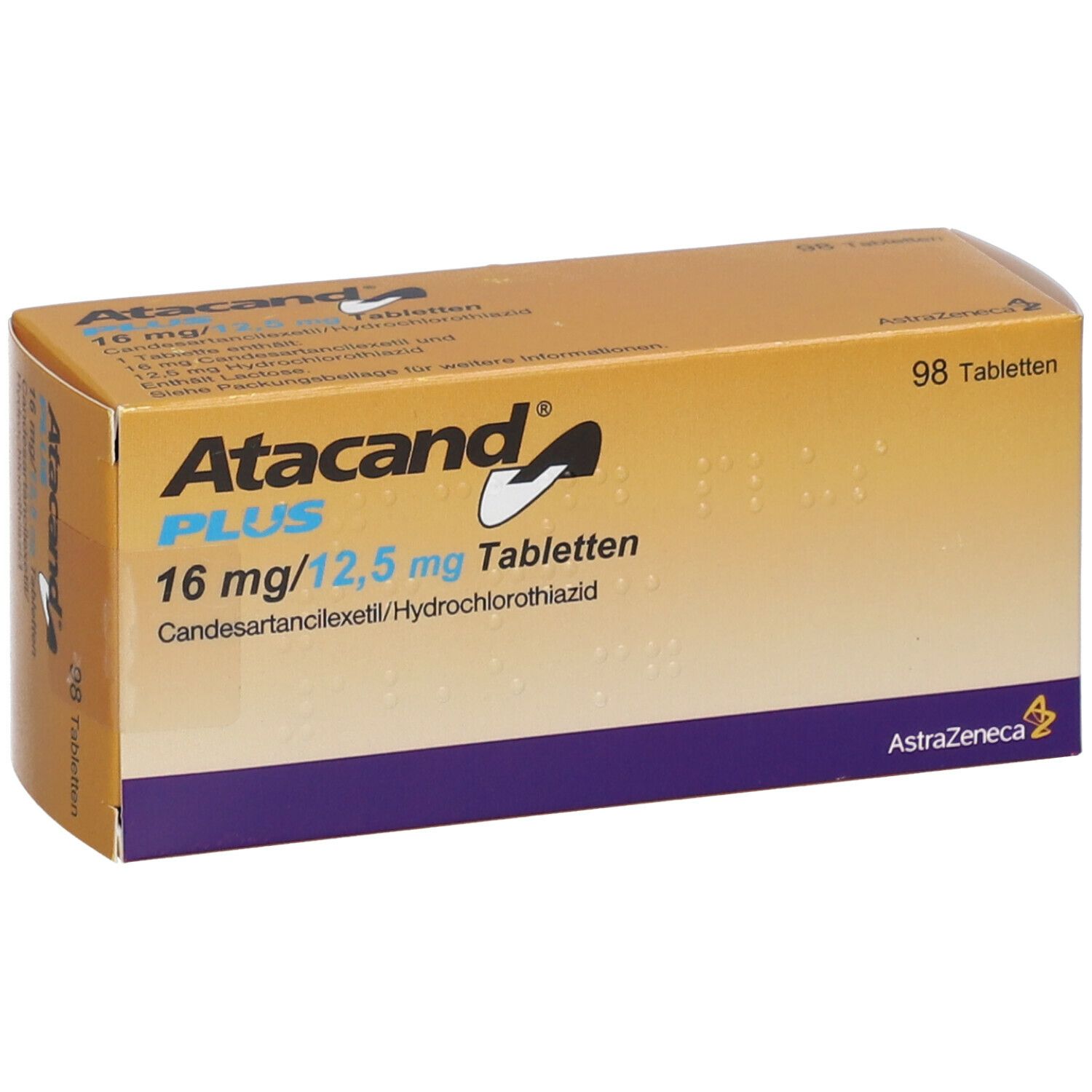 Schachtel mit ATACAND PLUS 16/12,5 mg Tabletten. Enthält 98 Tabletten. Aufschrift: AstraZeneca.