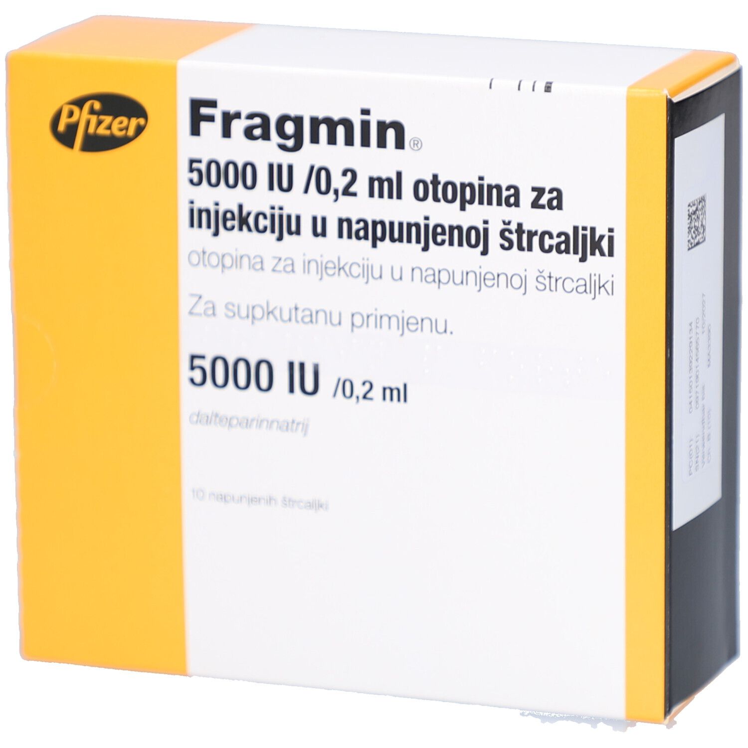 Schachtel mit Fragmin, 5000 IE/0,2 ml Injektionslösung. Pfizer-Logo. Text auf Slowenisch.