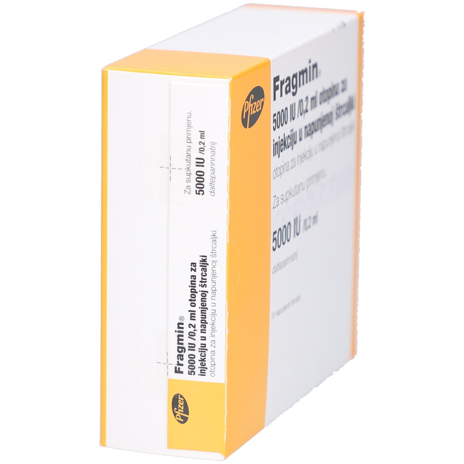 Schachtel mit Fragmin, 5000 IE/0,2 ml Injektionslösung. Pfizer-Logo. Seitenansicht.
