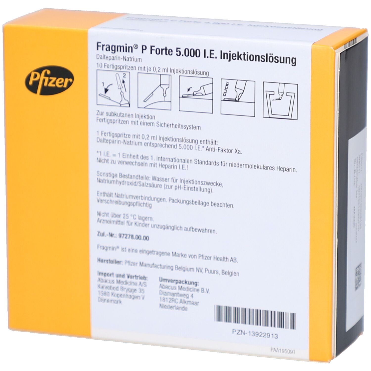 Rückseite der Schachtel Fragmin P Forte 5.000 I.E. Injektionslösung. Pfizer-Logo. Text und Illustrationen.