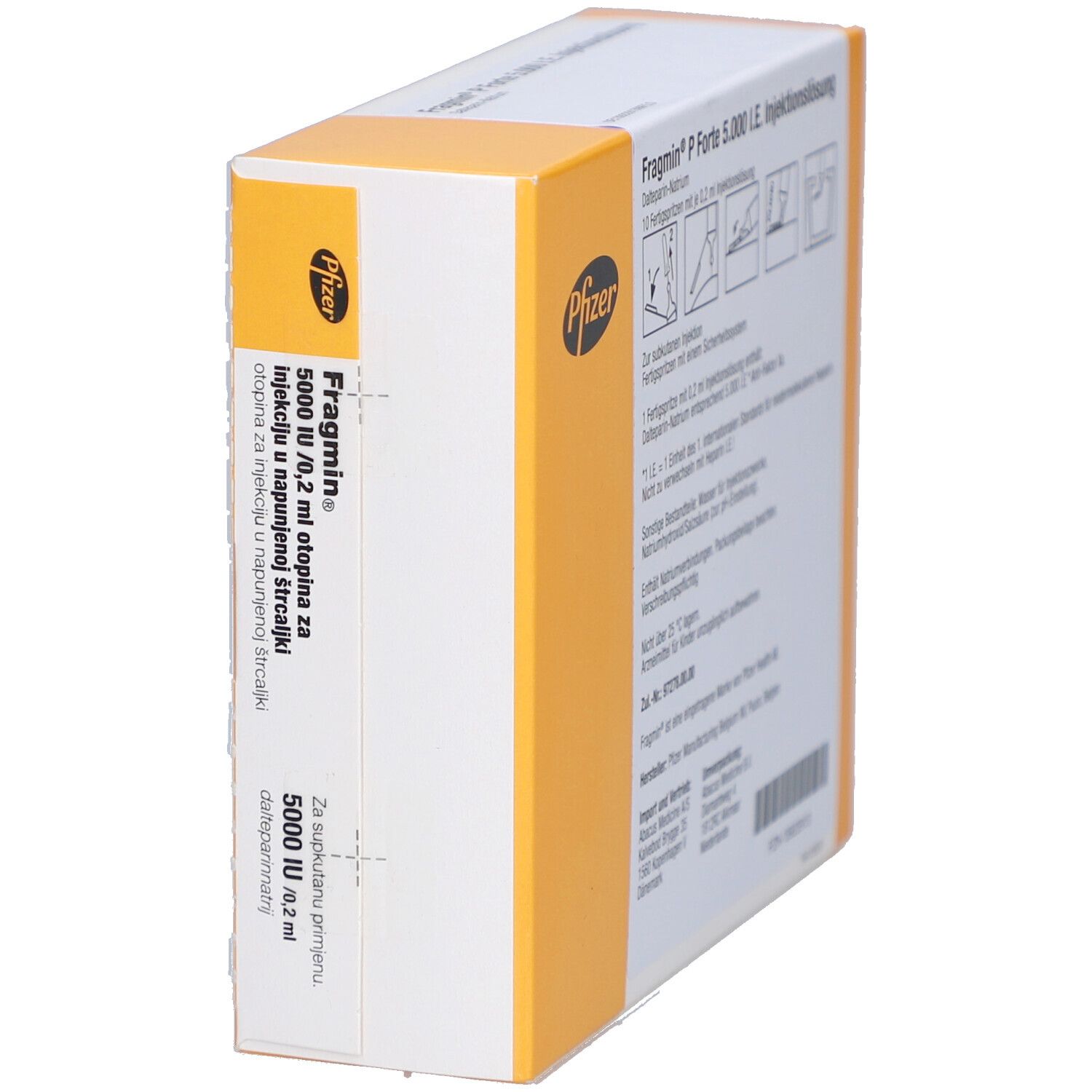 Schachtel mit Fragmin, 5000 IE/0,2 ml Injektionslösung. Pfizer-Logo. Seitenansicht.