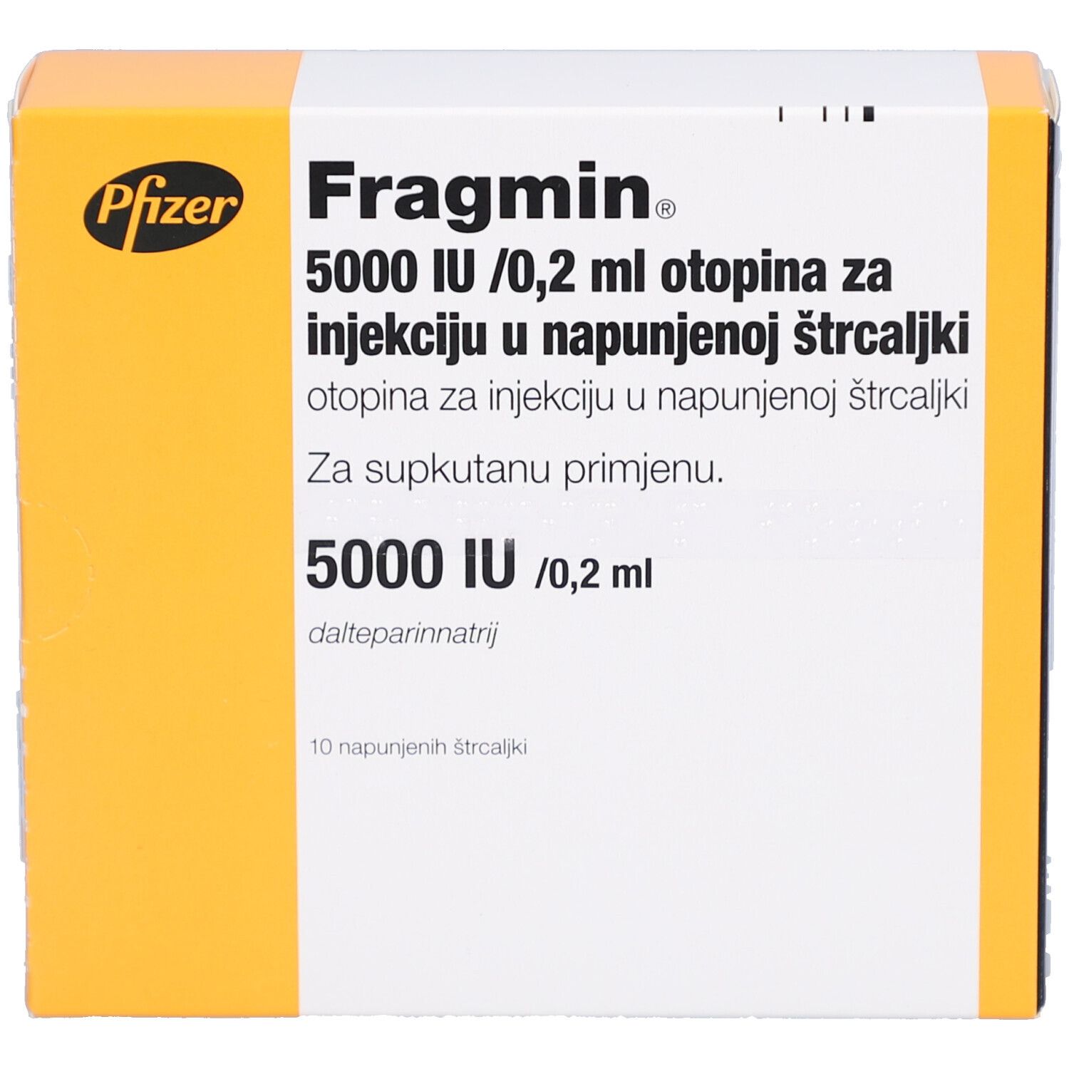 Schachtel mit Fragmin, 5000 IE/0,2 ml Injektionslösung. Pfizer-Logo. Text auf Slowenisch.