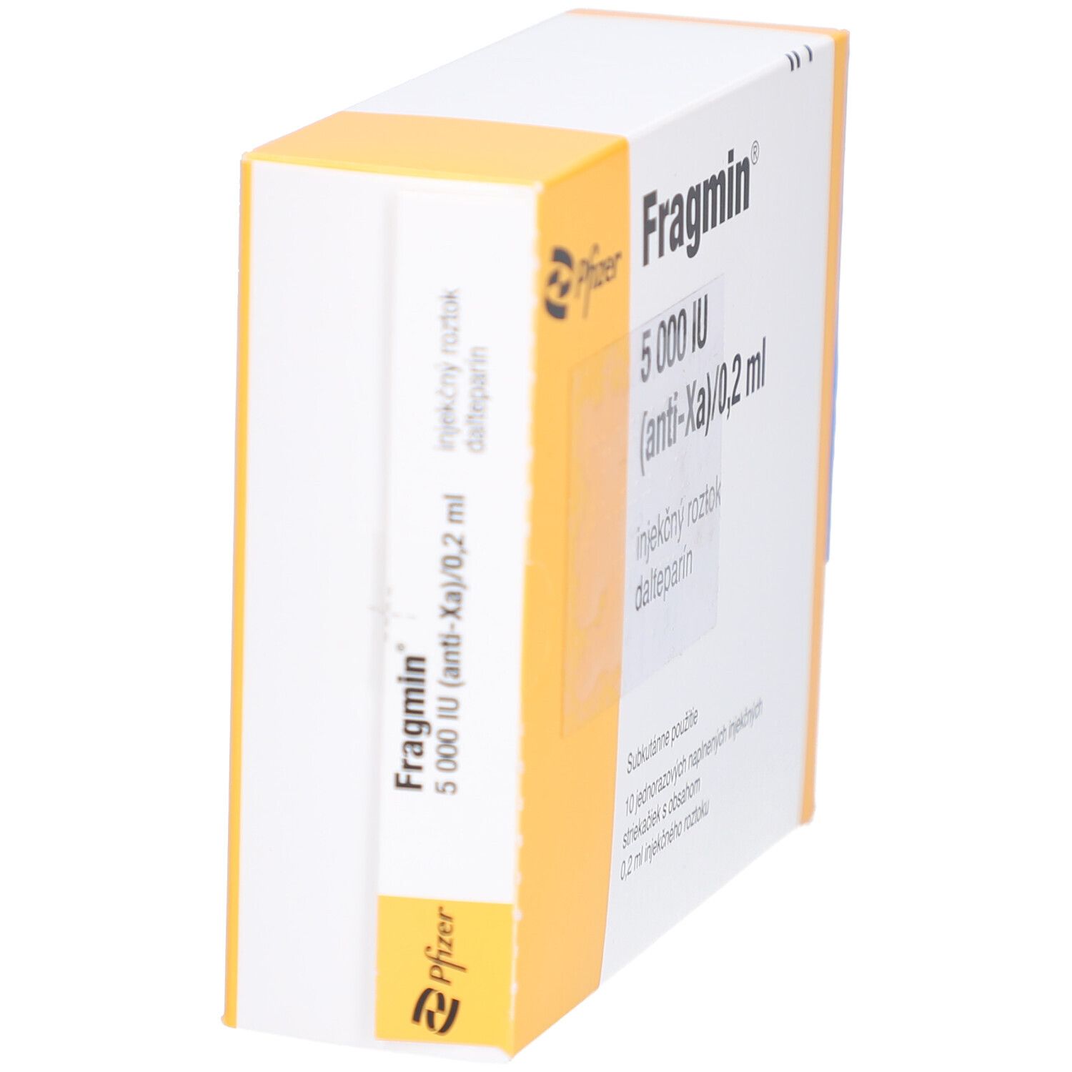 Schachtel FRAGMIN 5.000 I.E. Injektionslösung. Pfizer-Logo. Seitenansicht. Text: Injektionslösung, 0,2 ml.