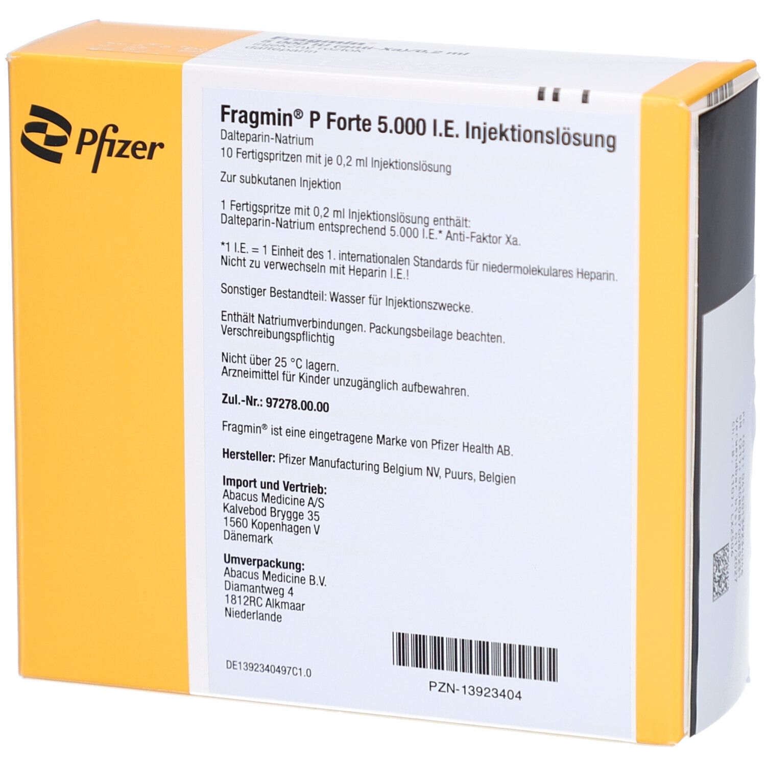 Rückseite der Schachtel FRAGMIN P Forte 5.000 I.E. Injektionslösung. Pfizer-Logo. Text: Inhaltsstoffe, Herstellerinformationen.