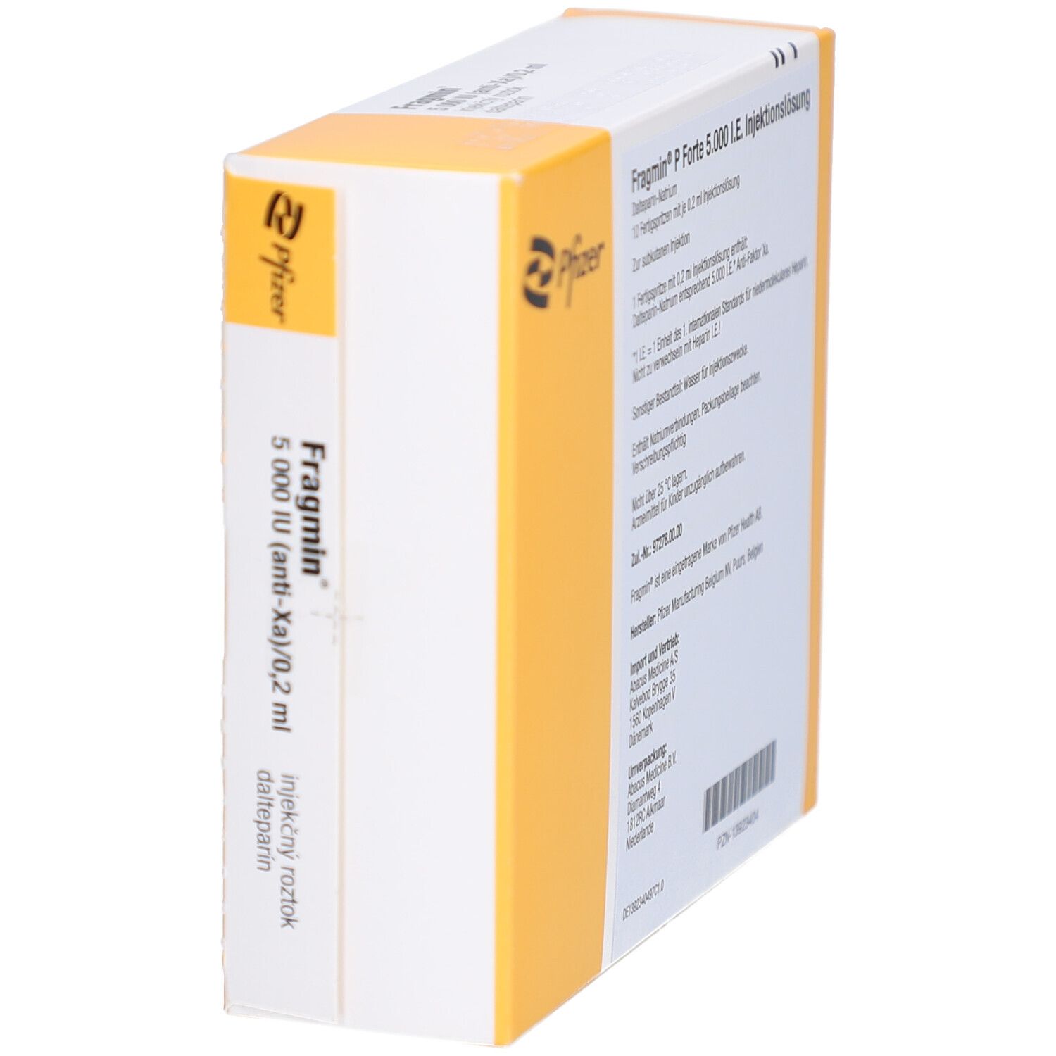 Schachtel FRAGMIN P Forte 5.000 I.E. Injektionslösung. Pfizer-Logo. Seitenansicht. Text: Injektionslösung, 0,2 ml.
