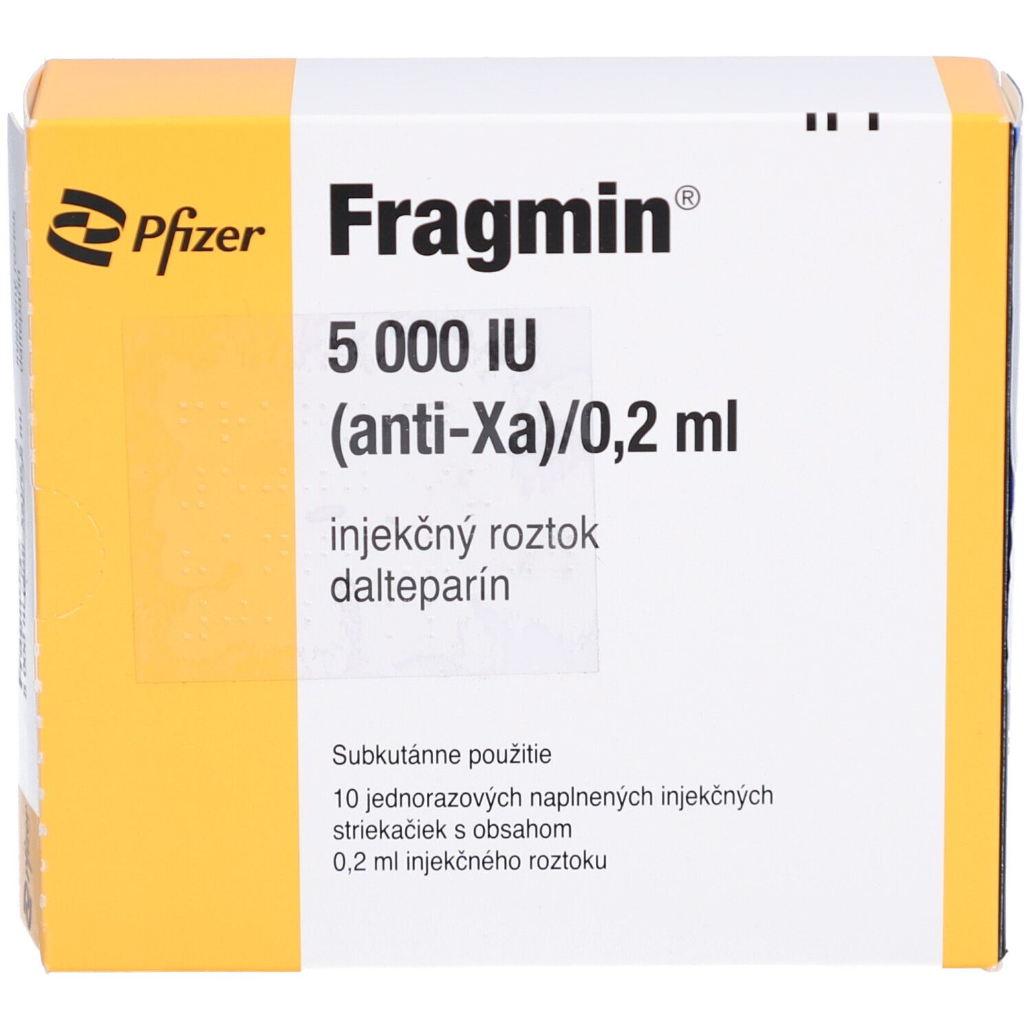 Schachtel FRAGMIN 5.000 I.E. Injektionslösung. Pfizer-Logo. Text: 10 Fertigspritzen. Injektionslösung mit 0,2 ml.
