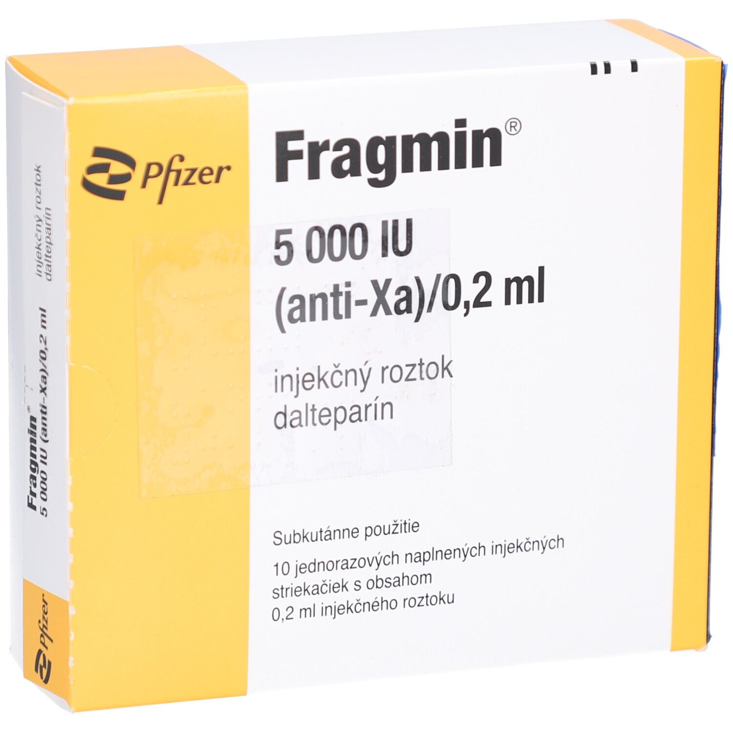Schachtel FRAGMIN 5.000 I.E. Injektionslösung. Pfizer-Logo. Text: 10 Fertigspritzen. Injektionslösung mit 0,2 ml.