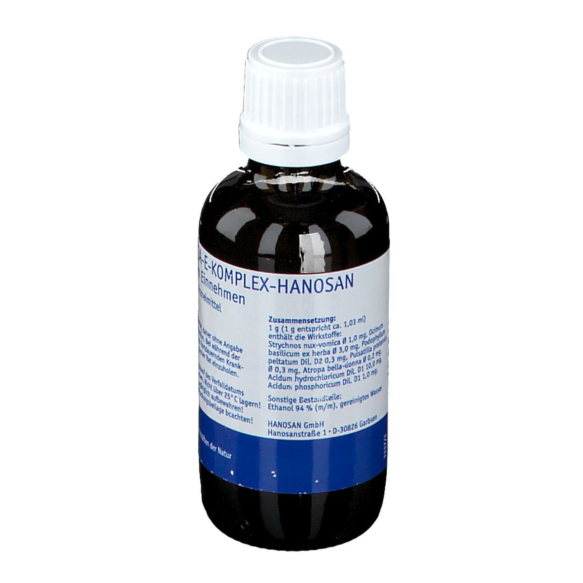 Braune Flüssigkeit in einer Flasche mit weißem Verschluss. Etikett mit Produktnamen und Inhaltsstoffen.