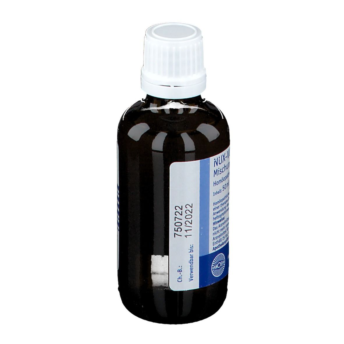 Braune Flüssigkeit in einer Flasche mit weißem Verschluss. Etikett mit Verfallsdatum und Chargennummer.