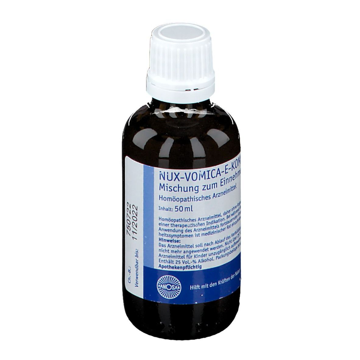 Braune Flüssigkeit in einer Flasche mit weißem Verschluss. Etikett mit Produktnamen und Verfallsdatum.