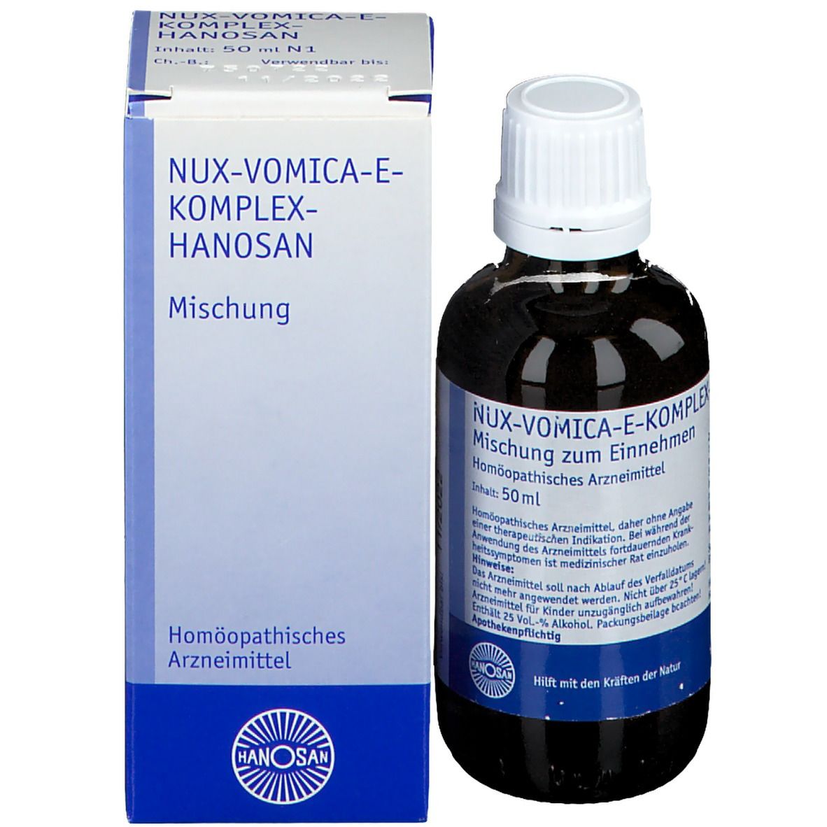 Produktflasche und Schachtel. Flasche mit brauner Flüssigkeit, weißem Verschluss und Etikett. Schachtel mit Text.