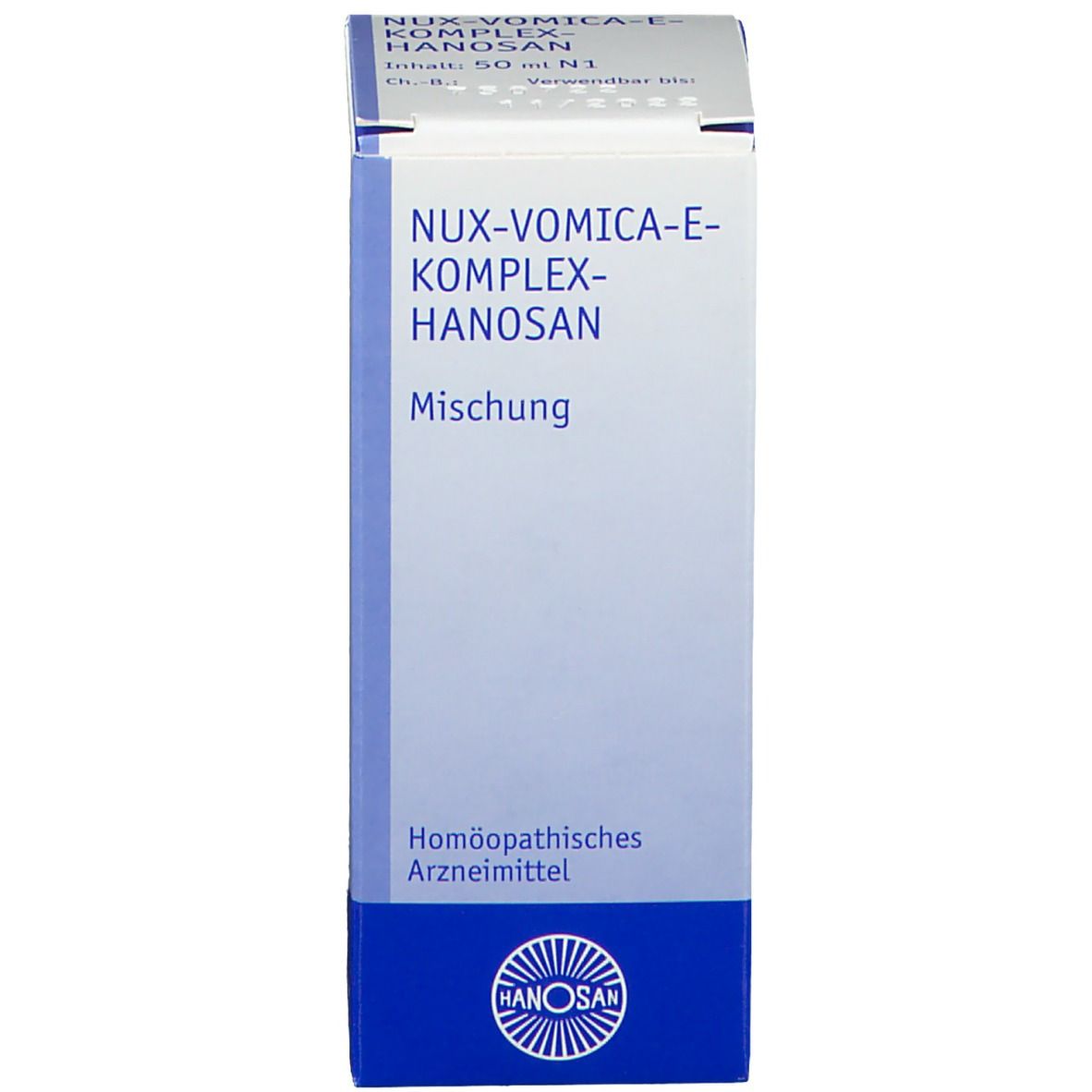 Produktverpackung. Weiße Schachtel mit Produktnamen und Informationen. Blaues Design.