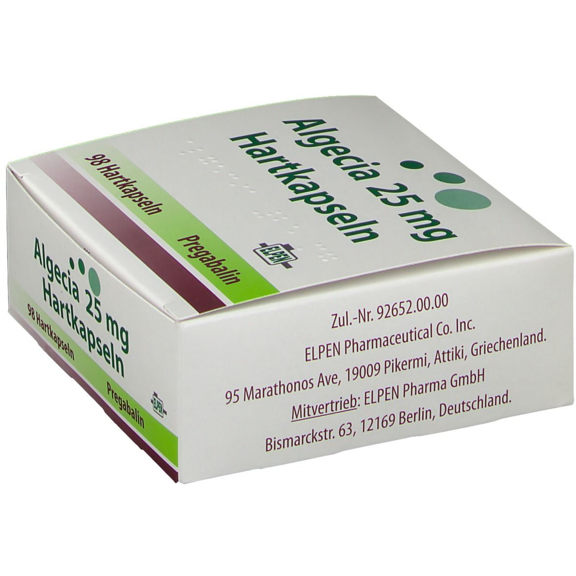 Weiße Faltschachtel mit grüner und schwarzer Schrift. Aufschrift: Algecia 25 mg Hartkapseln, 98 Hartkapseln, Pregabalin. ELPEN-Logo. Adressangaben.