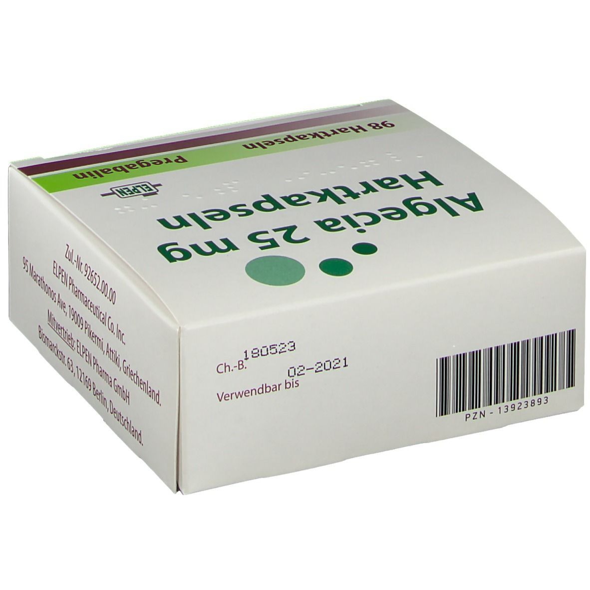 Weiße Faltschachtel mit grüner und schwarzer Schrift. Aufschrift: Algecia 25 mg Hartkapseln, 98 Hartkapseln, Pregabalin. Barcode und Verfallsdatum.