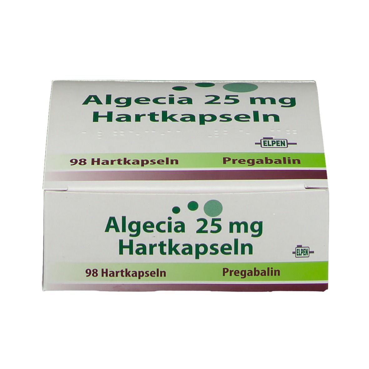 Weiße Faltschachtel mit grüner und schwarzer Schrift. Aufschrift: Algecia 25 mg Hartkapseln, 98 Hartkapseln, Pregabalin. ELPEN-Logo.