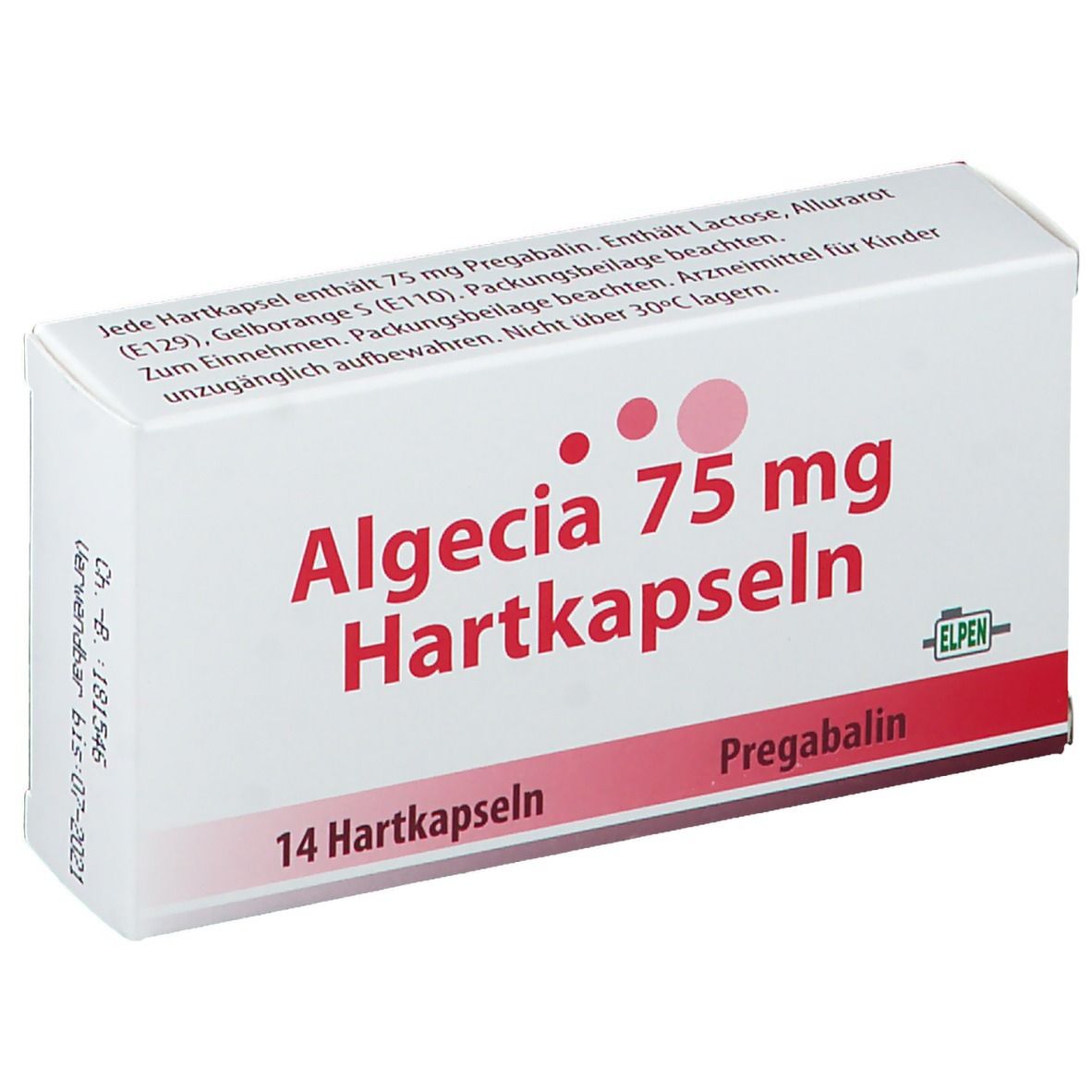 Weiße Schachtel mit roter Aufschrift Algecia 75 mg Hartkapseln. Enthält 14 Hartkapseln. Marke ELPEN.
