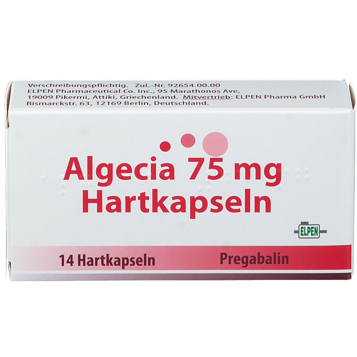 Weiße Schachtel mit roter Aufschrift Algecia 75 mg Hartkapseln. Enthält 14 Hartkapseln. Marke ELPEN.