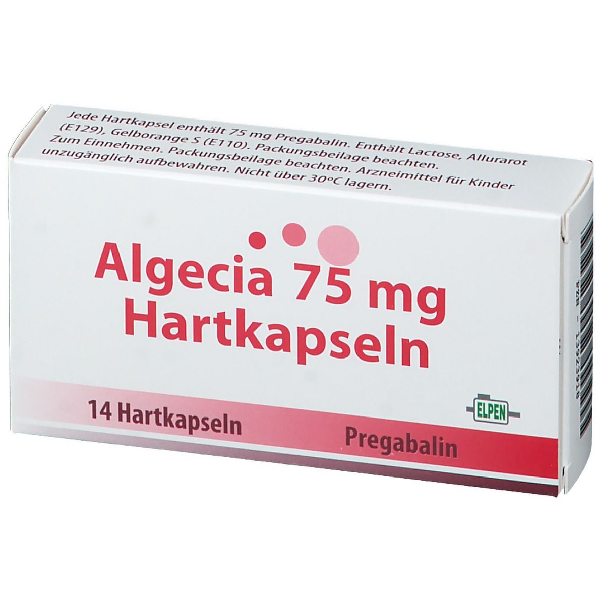 Weiße Schachtel mit roter Aufschrift Algecia 75 mg Hartkapseln. Enthält 14 Hartkapseln. Marke ELPEN.