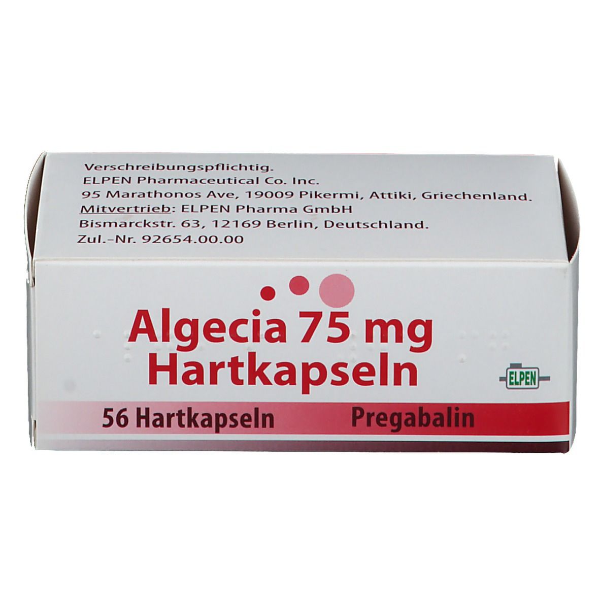 Weiße Schachtel mit roter Aufschrift Algecia 75 mg Hartkapseln, 56 Stück. Enthält Pregabalin. ELPEN-Logo. Herstelleradresse.