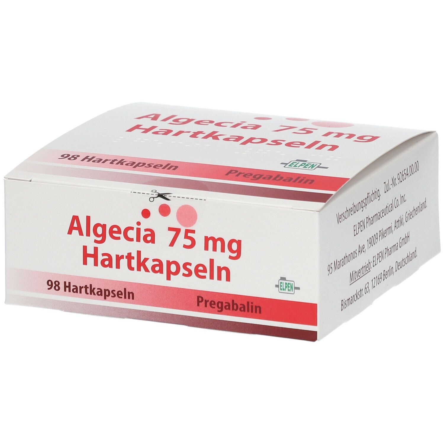 Weißer Karton mit roter Schrift. Aufschrift: Algecia 75 mg Hartkapseln, 98 Hartkapseln, Pregabalin. ELPEN Logo.
