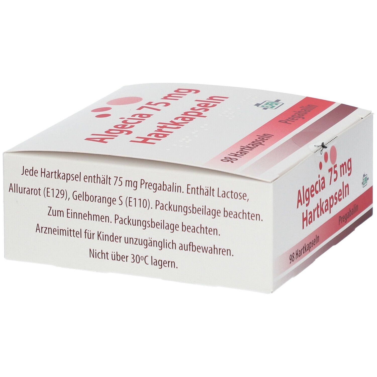 Weißer Karton mit roter Schrift. Text: Algecia 75 mg Hartkapseln, 98 Hartkapseln, Pregabalin. Text über Inhaltsstoffe und Lagerung.