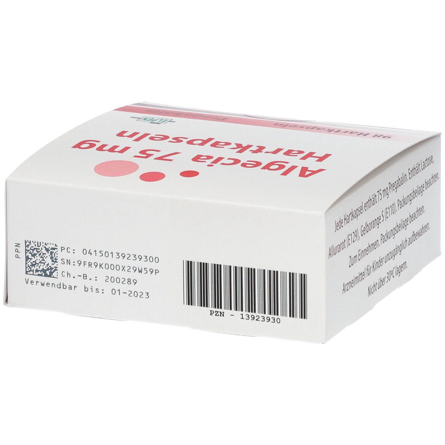 Weißer Karton mit roter Schrift. Aufschrift: Algecia 75 mg Hartkapseln. Barcode und weitere Informationen.