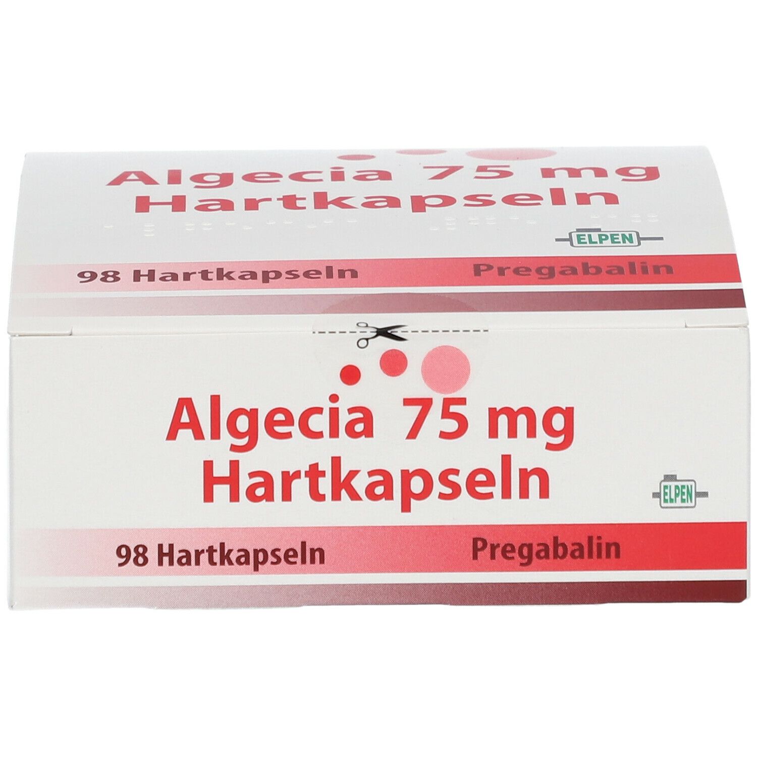Weißer Karton mit roter Schrift. Aufschrift: Algecia 75 mg Hartkapseln, 98 Hartkapseln, Pregabalin. ELPEN Logo.