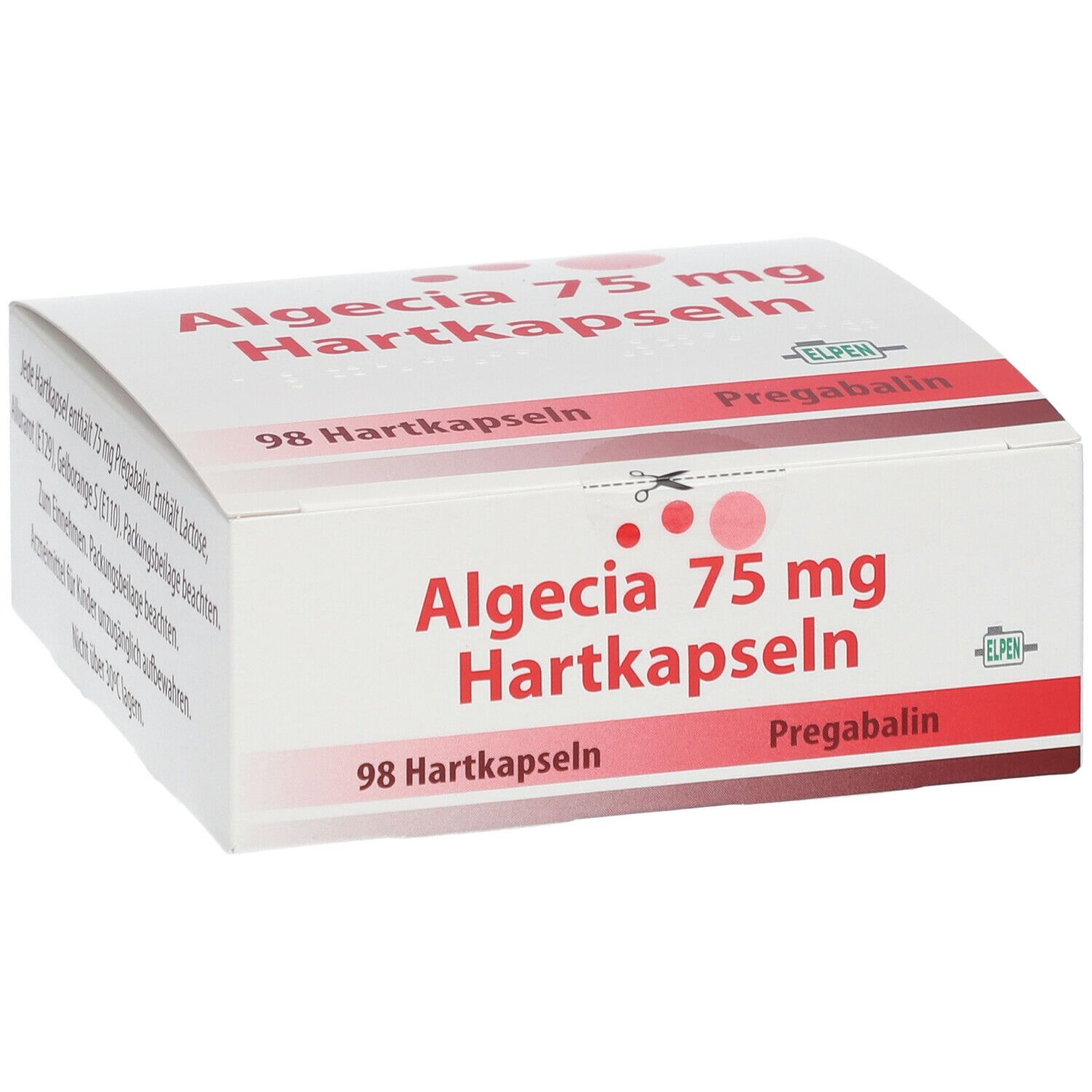 Weißer Karton mit roter Schrift. Aufschrift: Algecia 75 mg Hartkapseln, 98 Hartkapseln, Pregabalin. ELPEN Logo.