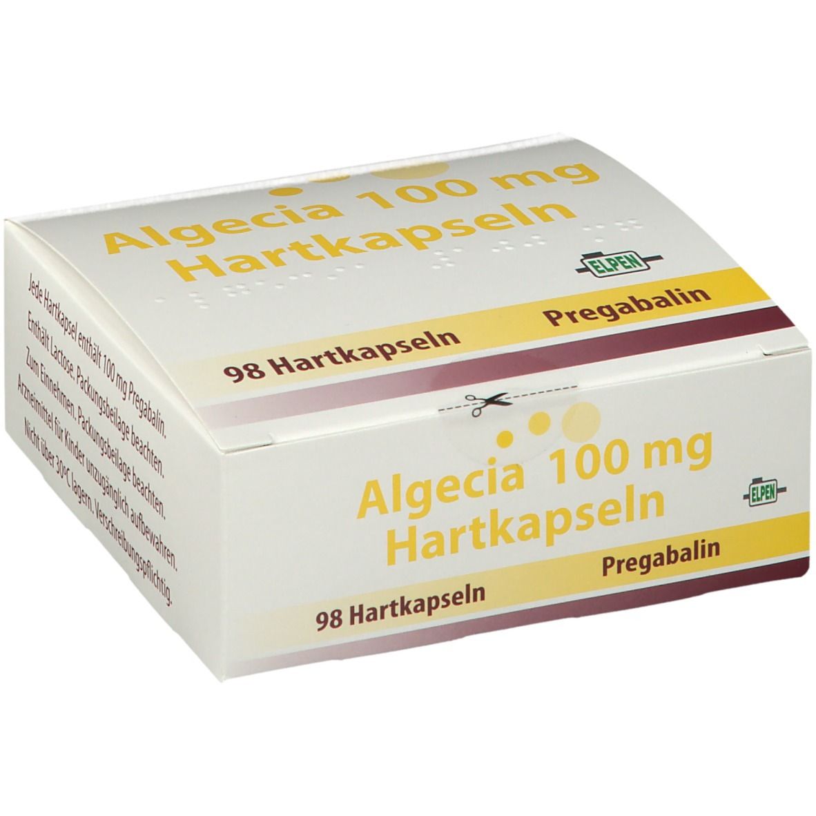 Weiß-gelbe Faltschachtel mit Aufschrift Algecia 100 mg Hartkapseln. Enthält 98 Kapseln. Elpen-Logo.