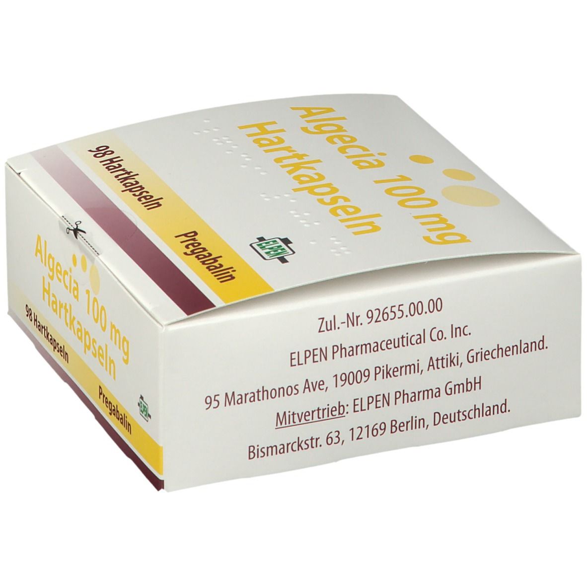 Weiß-gelbe Faltschachtel mit Aufschrift Algecia 100 mg Hartkapseln. Enthält 98 Kapseln. Elpen-Logo. Rückseite mit Herstellerinformationen.
