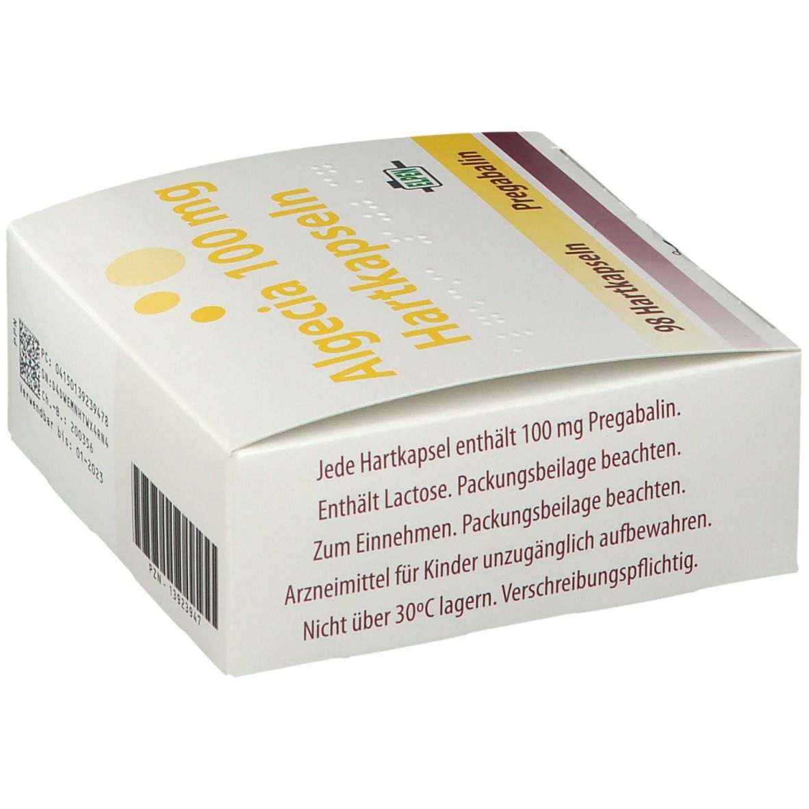 Weiß-gelbe Faltschachtel mit Aufschrift Algecia 100 mg Hartkapseln. Enthält 98 Kapseln. Elpen-Logo. Text mit Warnhinweisen.