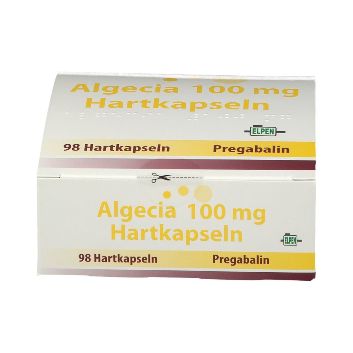 Geöffnete, weiß-gelbe Faltschachtel mit Aufschrift Algecia 100 mg Hartkapseln. Enthält 98 Kapseln. Elpen-Logo.