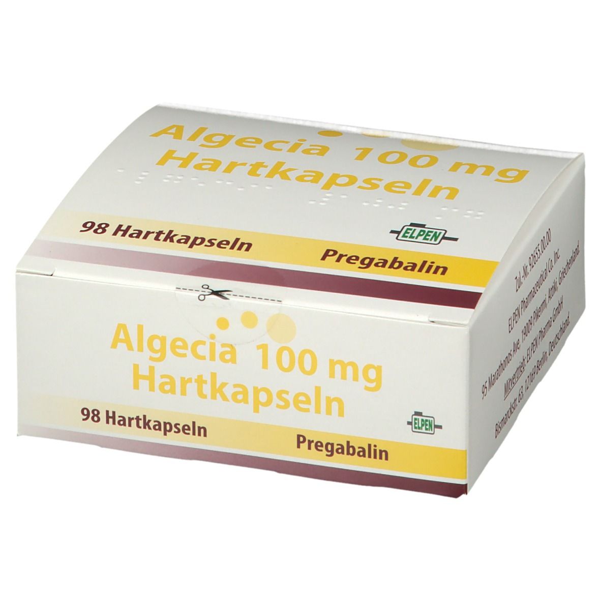 Weiß-gelbe Faltschachtel mit Aufschrift Algecia 100 mg Hartkapseln. Enthält 98 Kapseln. Elpen-Logo. Schachtel leicht geöffnet.